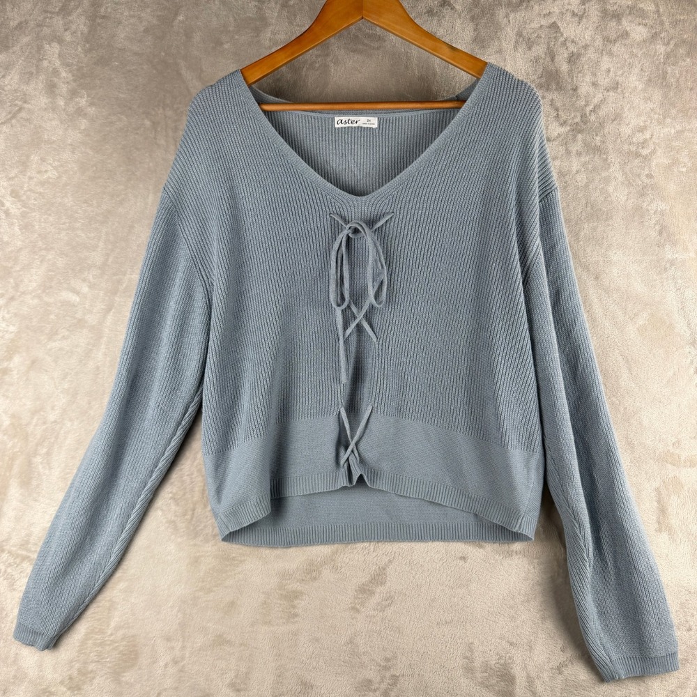 Aster Blue Lace Up V-Neck Ribbed Knit Pullover Sweater Plus Size 2X